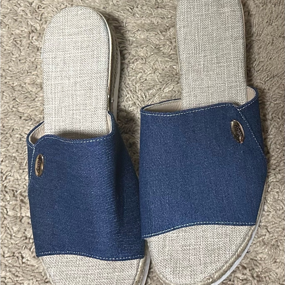 Blue denim and Beige Slide lightweight wedge heel sandals